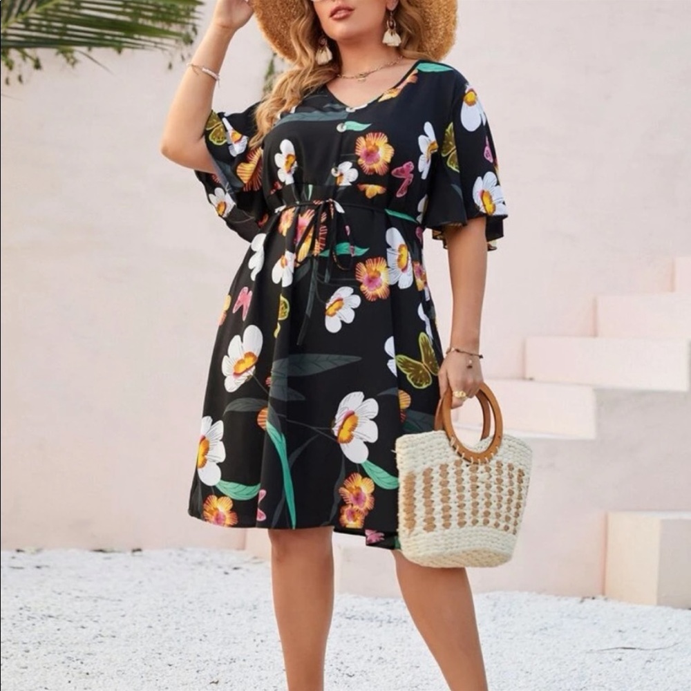 Plus Size Tropical Floral Print V Neck Belted Dress Black New